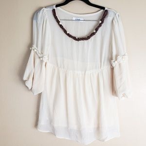 Clhoe Semi Sheer Blouse Ivory Beaded Neckline E15